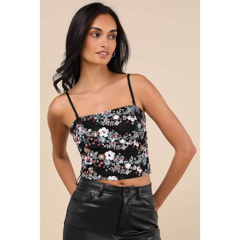 Lulus Noteworthy Glitter Black Multi Sequin Crop Top - Size M